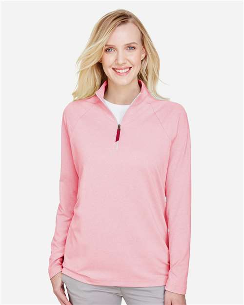 Devon & Jones DG480W Women's CrownLux Performance Clubhouse Micro-Stripe Quarter-Zip Pullover - Red - model front