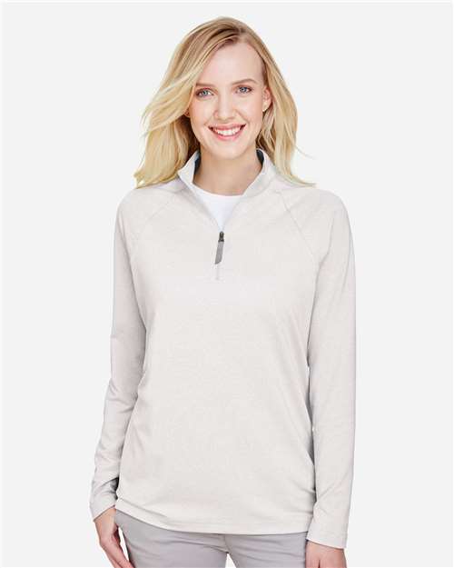 Devon & Jones DG480W Women's CrownLux Performance Clubhouse Micro-Stripe Quarter-Zip Pullover - Silver - model front