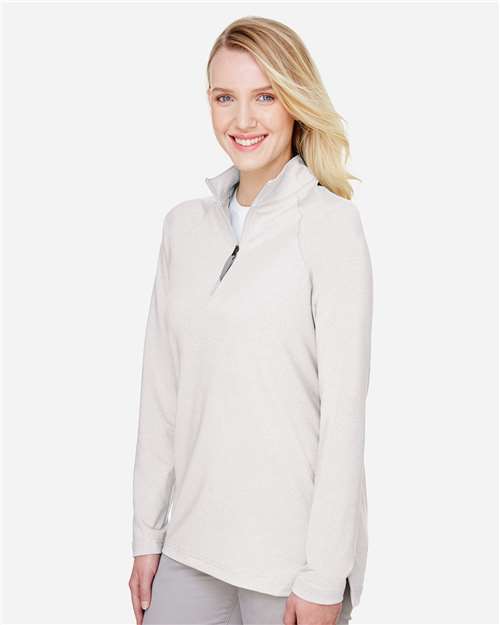 Devon & Jones DG480W Women's CrownLux Performance Clubhouse Micro-Stripe Quarter-Zip Pullover - Silver - model side