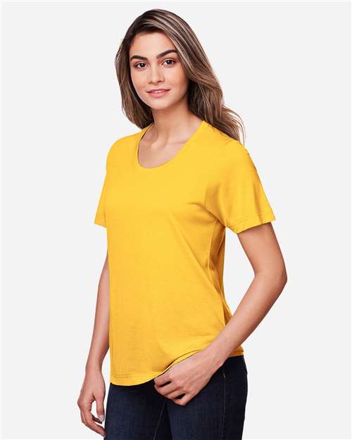 Core 365 CE111W Women's Fusion ChromaSoft Performance T-Shirt - Campus Gold - model side