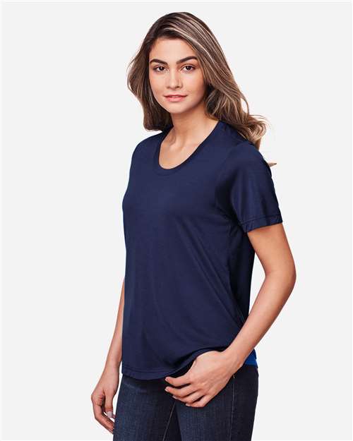 Core 365 CE111W Women's Fusion ChromaSoft Performance T-Shirt - Classic Navy - model side