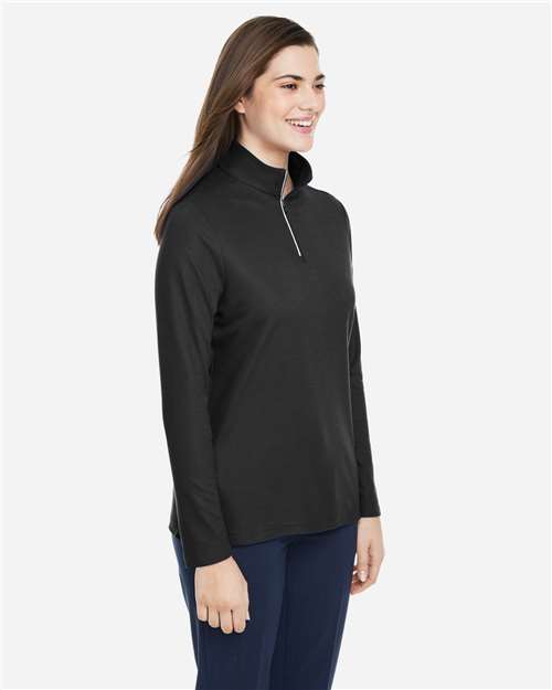 Core 365 CE405W Women's Fusion ChromaSoft Pique Quarter-Zip Pullover - Black - model side