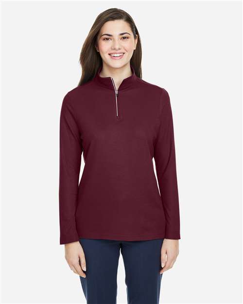 Core 365 CE405W Women's Fusion ChromaSoft Pique Quarter-Zip Pullover - Burgundy - model front