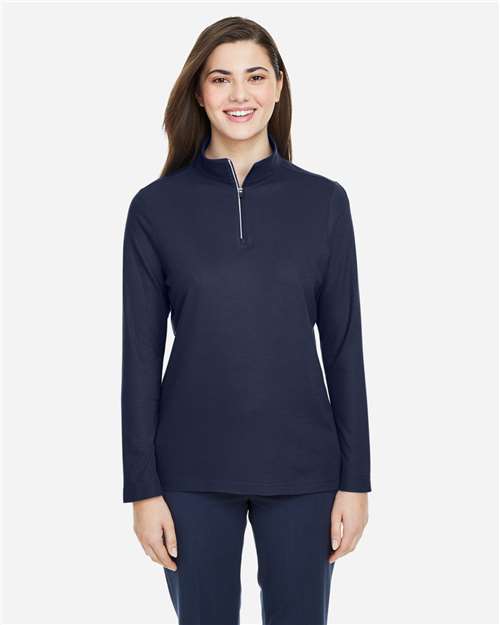 Core 365 CE405W Women's Fusion ChromaSoft Pique Quarter-Zip Pullover - Classic Navy - model front