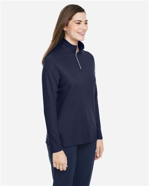 Core 365 CE405W Women's Fusion ChromaSoft Pique Quarter-Zip Pullover - Classic Navy - model side