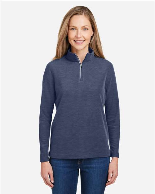 Core 365 CE405W Women's Fusion ChromaSoft Pique Quarter-Zip Pullover - Classic Navy Heather - model front