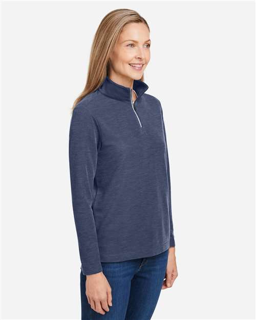 Core 365 CE405W Women's Fusion ChromaSoft Pique Quarter-Zip Pullover - Classic Navy Heather - model side