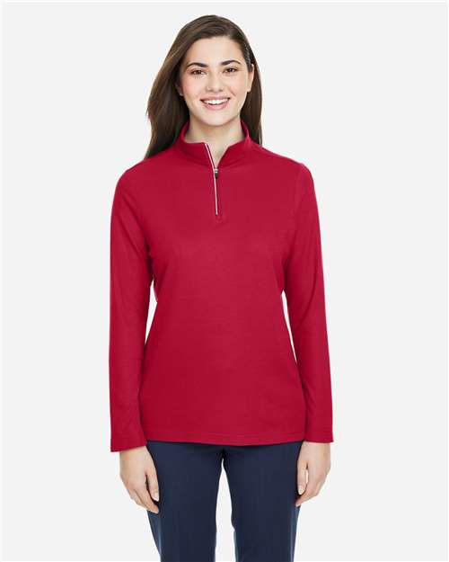 Core 365 CE405W Women's Fusion ChromaSoft Pique Quarter-Zip Pullover - Classic Red - model front