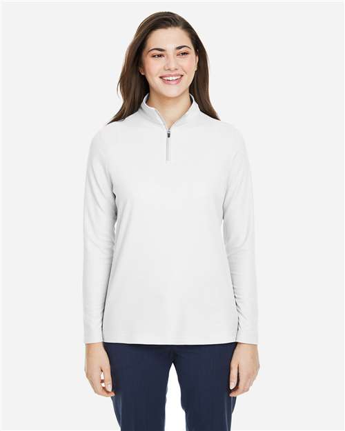 Core 365 CE405W Women's Fusion ChromaSoft Pique Quarter-Zip Pullover - White - model front