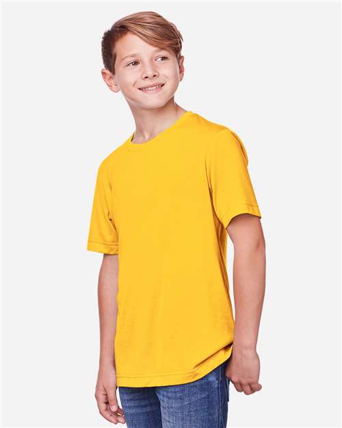Core 365 CE111Y Youth Fusion ChromaSoft Performance T-Shirt - Campus Gold - model side