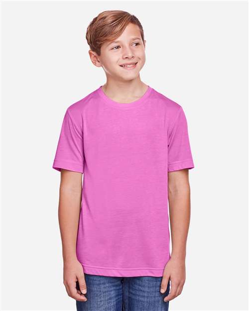 Core 365 CE111Y Youth Fusion ChromaSoft Performance T-Shirt - Charity Pink - model front