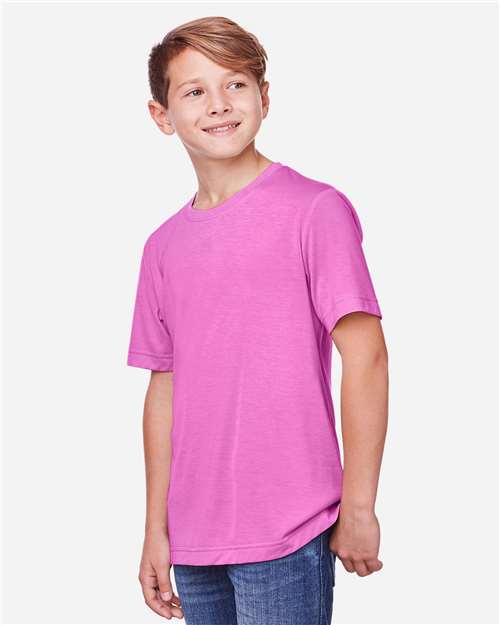 Core 365 CE111Y Youth Fusion ChromaSoft Performance T-Shirt - Charity Pink - model side