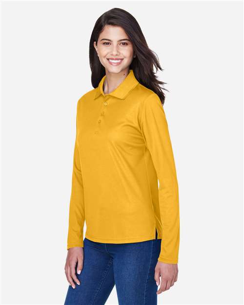 Core 365 78192 Women's Pinnacle Performance Long Sleeve Piqué Polo - Campus Gold - model side