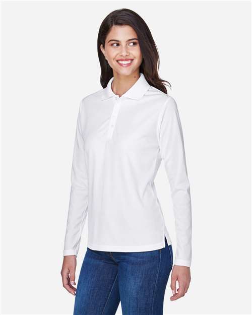 Core 365 78192 Women's Pinnacle Performance Long Sleeve Piqué Polo - White - model side