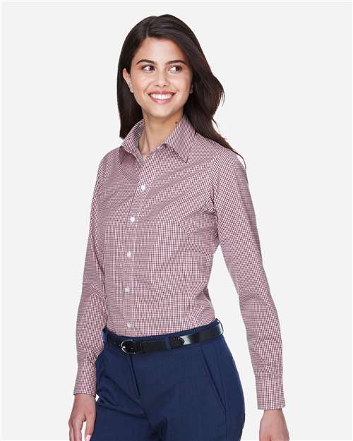Devon & Jones D640W Women's Crown Collection Gingham Check Woven Dress Shirt - Burgundy - model side