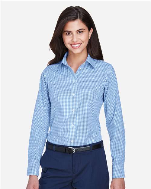 Devon & Jones D640W Women's Crown Collection Gingham Check Woven Dress Shirt - French Blue - model front