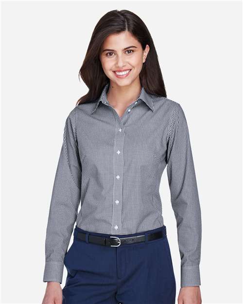 Devon & Jones D640W Women's Crown Collection Gingham Check Woven Dress Shirt - Navy - model front