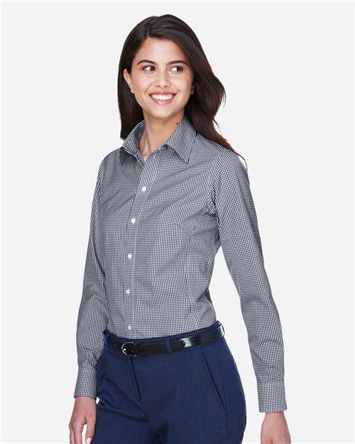 Devon & Jones D640W Women's Crown Collection Gingham Check Woven Dress Shirt - Navy - model side