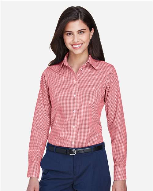 Devon & Jones D640W Women's Crown Collection Gingham Check Woven Dress Shirt - Red - model front