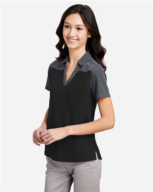 Core 365 CE112CW Women's Fusion ChromaSoft Colorblock Polo - Black/ Carbon Heather - model side