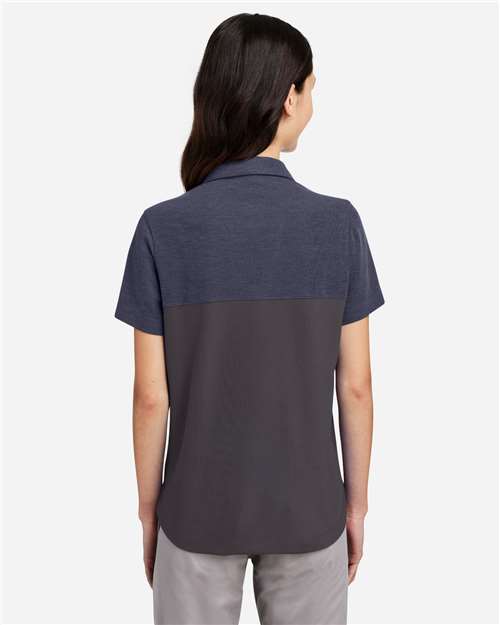 Core 365 CE112CW Women's Fusion ChromaSoft Colorblock Polo - Carbon/ Classic Navy Heather - model back
