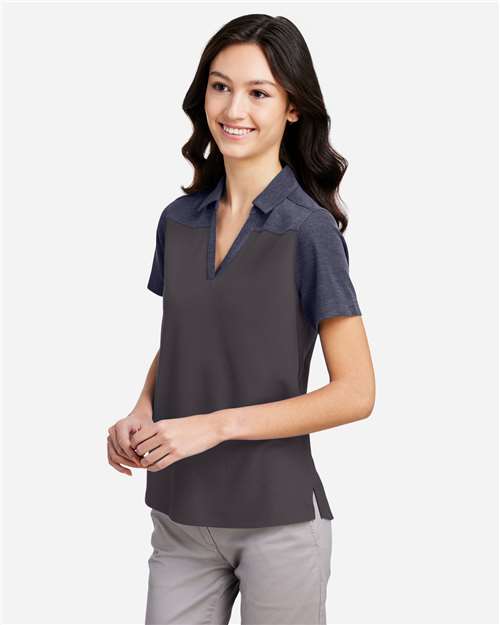 Core 365 CE112CW Women's Fusion ChromaSoft Colorblock Polo - Carbon/ Classic Navy Heather - model side