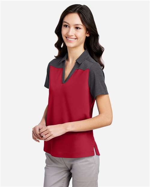Core 365 CE112CW Women's Fusion ChromaSoft Colorblock Polo - Classic Red/ Carbon Heather - model side