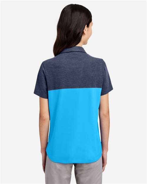 Core 365 CE112CW Women's Fusion ChromaSoft Colorblock Polo - Electric Blue/ Classic Navy Heather - model back