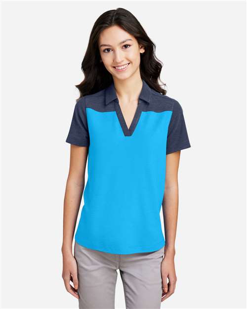 Core 365 CE112CW Women's Fusion ChromaSoft Colorblock Polo - Electric Blue/ Classic Navy Heather - model front