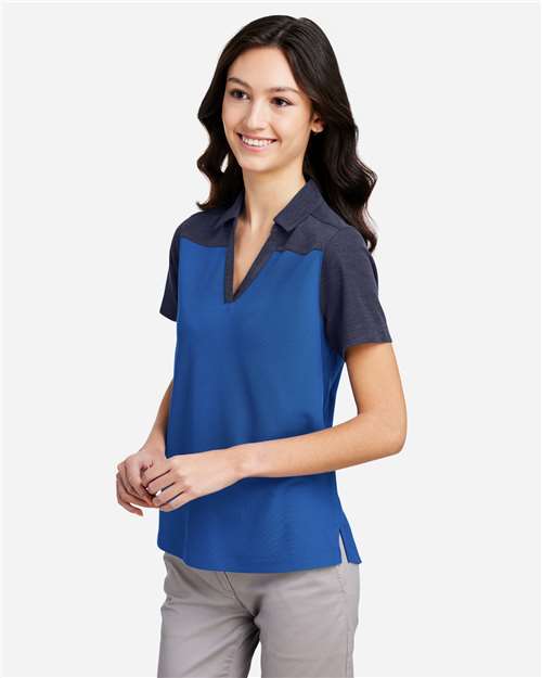 Core 365 CE112CW Women's Fusion ChromaSoft Colorblock Polo - True Royal/ Classic Navy Heather - model side