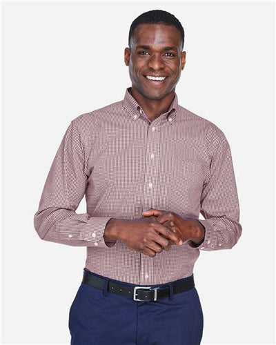 Devon & Jones D640 Men's Crown Collection Gingham Check Woven Dress Shirt - Burgundy - model front