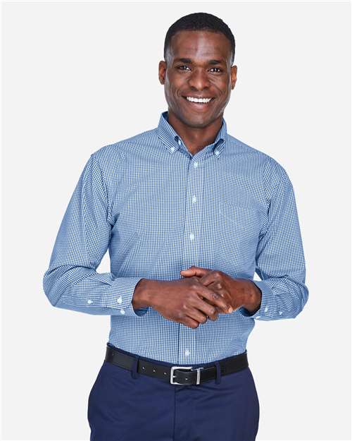 Devon & Jones D640 Men's Crown Collection Gingham Check Woven Dress Shirt - French Blue - model front