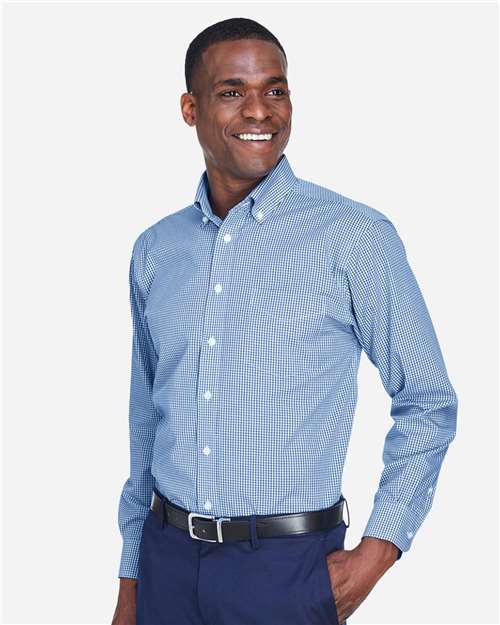 Devon & Jones D640 Men's Crown Collection Gingham Check Woven Dress Shirt - French Blue - model side