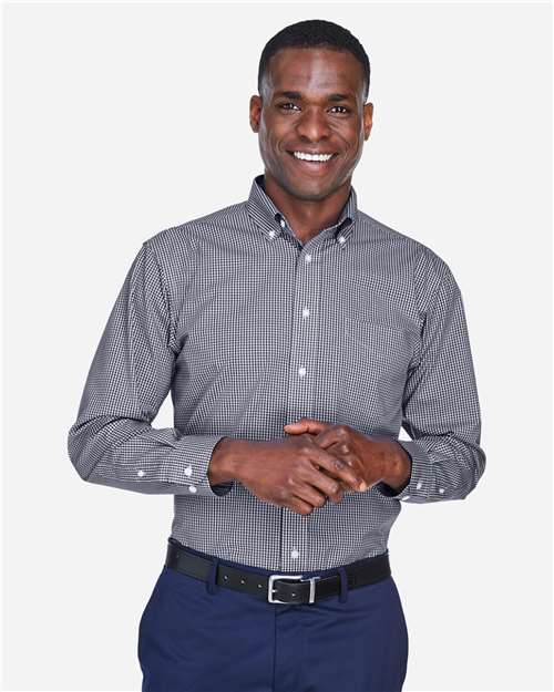 Devon & Jones D640 Men's Crown Collection Gingham Check Woven Dress Shirt - Navy - model front