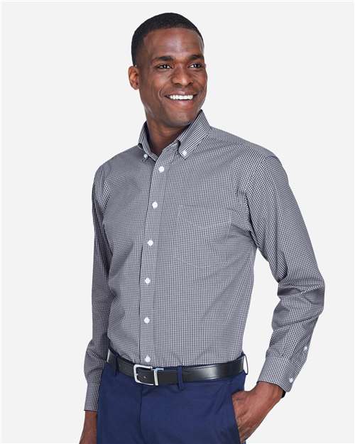 Devon & Jones D640 Men's Crown Collection Gingham Check Woven Dress Shirt - Navy - model side