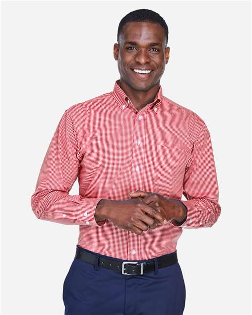 Devon & Jones D640 Men's Crown Collection Gingham Check Woven Dress Shirt - Red - model front