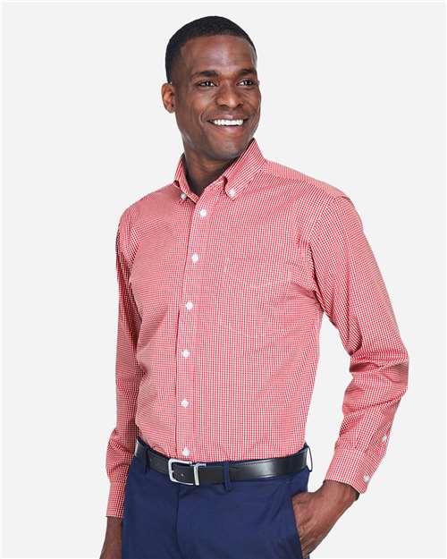 Devon & Jones D640 Men's Crown Collection Gingham Check Woven Dress Shirt - Red - model side