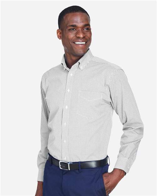 Devon & Jones D640 Men's Crown Collection Gingham Check Woven Dress Shirt - Silver - model side
