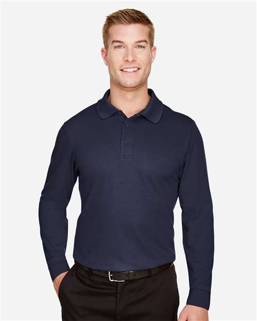 Devon & Jones DG20L Men's CrownLux Performance Plaited Long Sleeve Polo - Navy - model front