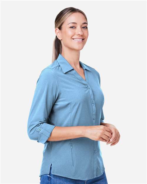 Core 365 CE510LW Women's Ultra UVP Marina Shirt - Columbia Blue - model side