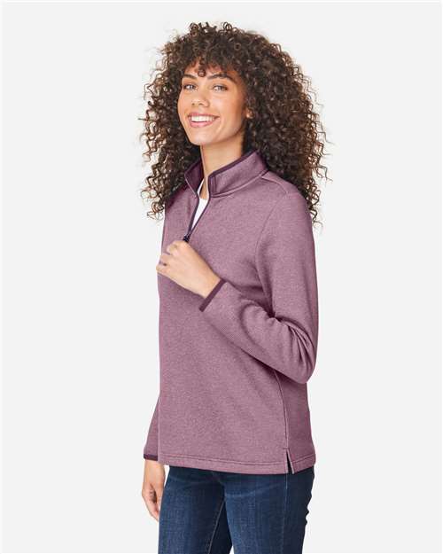 Core 365 CE73W Women's Venture Heathered Stripe Quarter-Zip Pullover - Burgundy/ White - model side