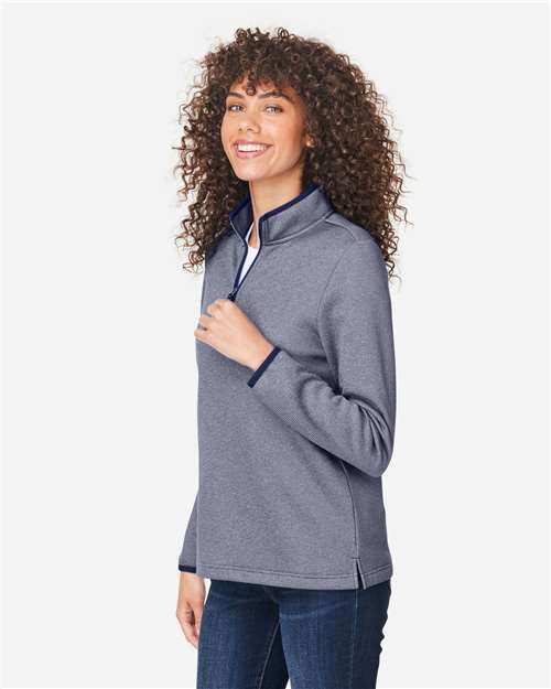 Core 365 CE73W Women's Venture Heathered Stripe Quarter-Zip Pullover - Classic Navy/ White - model side