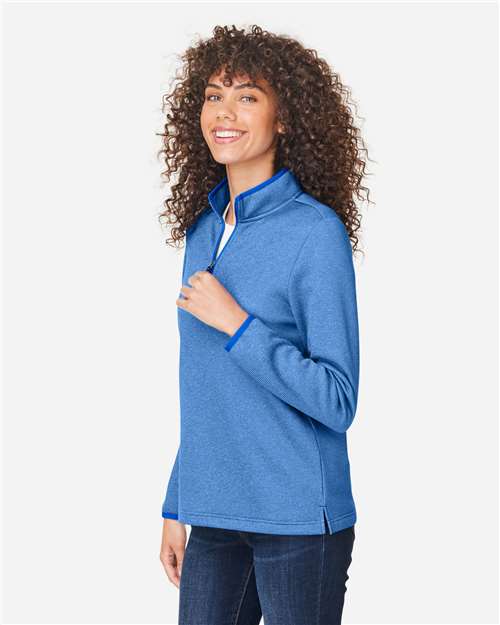Core 365 CE73W Women's Venture Heathered Stripe Quarter-Zip Pullover - True Royal/ White - model side
