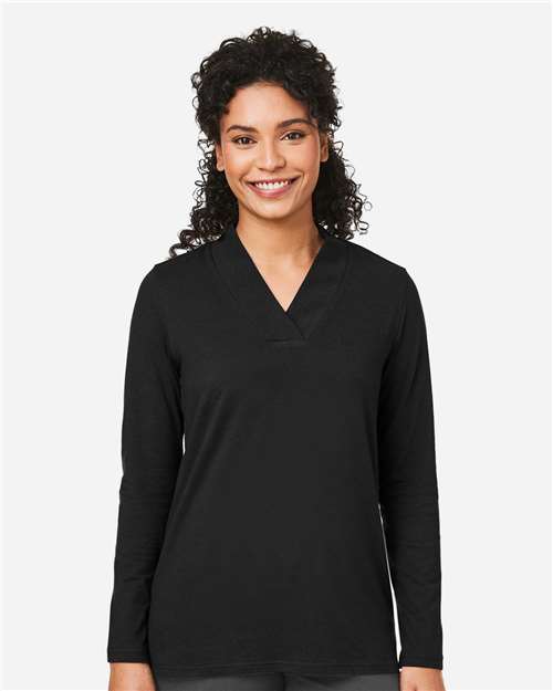 Devon & Jones DP121W Women's Raleigh Shawl Collar Knit Top - Black - model front