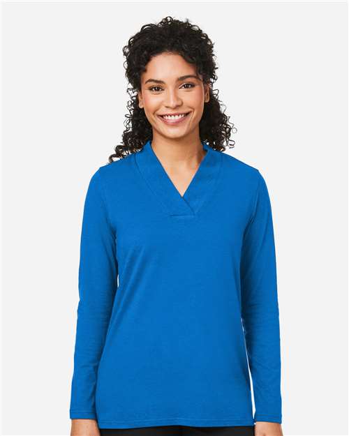 Devon & Jones DP121W Women's Raleigh Shawl Collar Knit Top - French Blue - model front