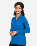 Devon & Jones DP121W Women's Raleigh Shawl Collar Knit Top - French Blue - model side