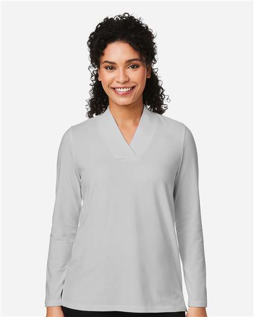 Devon & Jones DP121W Women's Raleigh Shawl Collar Knit Top - Grey - model front