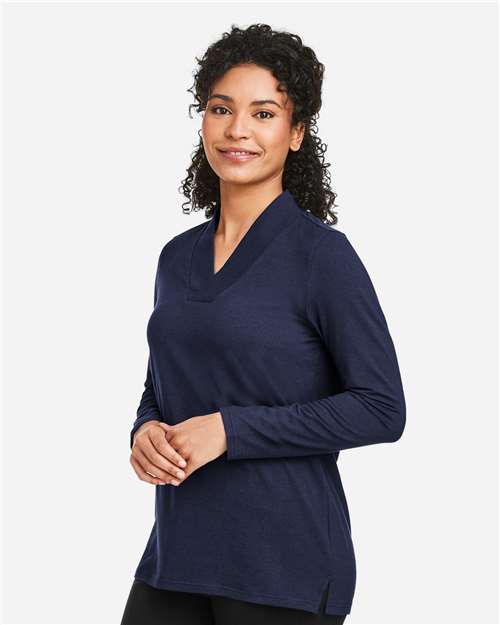 Devon & Jones DP121W Women's Raleigh Shawl Collar Knit Top - Navy - model side