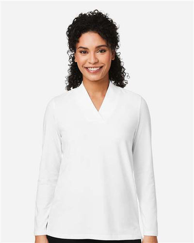 Devon & Jones DP121W Women's Raleigh Shawl Collar Knit Top - White - model front