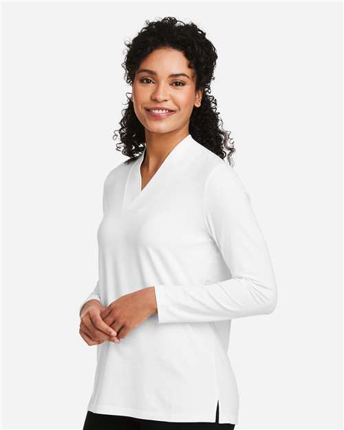 Devon & Jones DP121W Women's Raleigh Shawl Collar Knit Top - White - model side